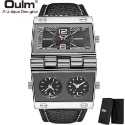 OULM 9525 Big Unique Design Male Watch Three Time Zone Unique Men's Military Watches Punk Style Leather Strap Wristwatch