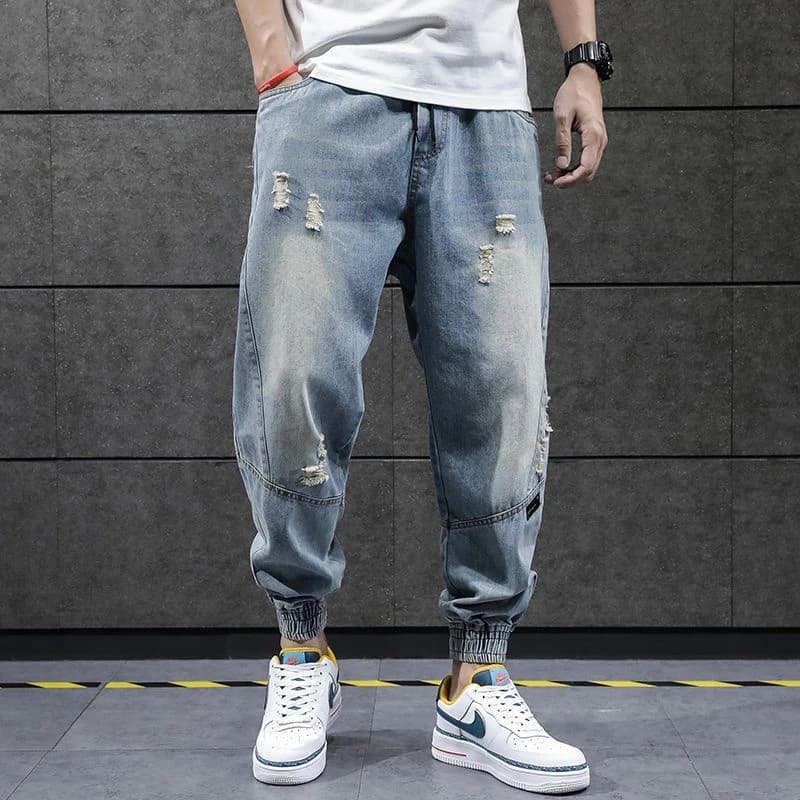 2024 New Hip Hop Harem Jeans Pants Men Loose Joggers Denim Casual Sweatpants Korea Ankle Length Trousers Streetwear Male Clothes