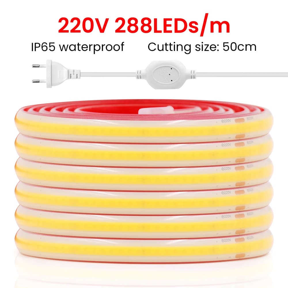COB LED Strip Light Dimmer Switch EU UK Power Kit 220V 230V 3000K 4000K 6000K 288LED Bright Flex Tape Waterproof Linear Lighting
