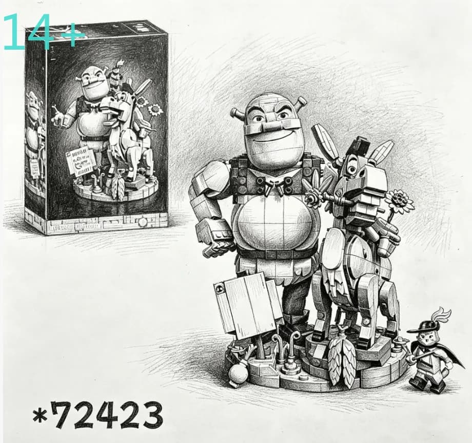 2026 New 1403pcs Building Block Monster Donkey Puss in Boots animal Set Adult Assembly DIY Toys Holiday Party toys Gifts
