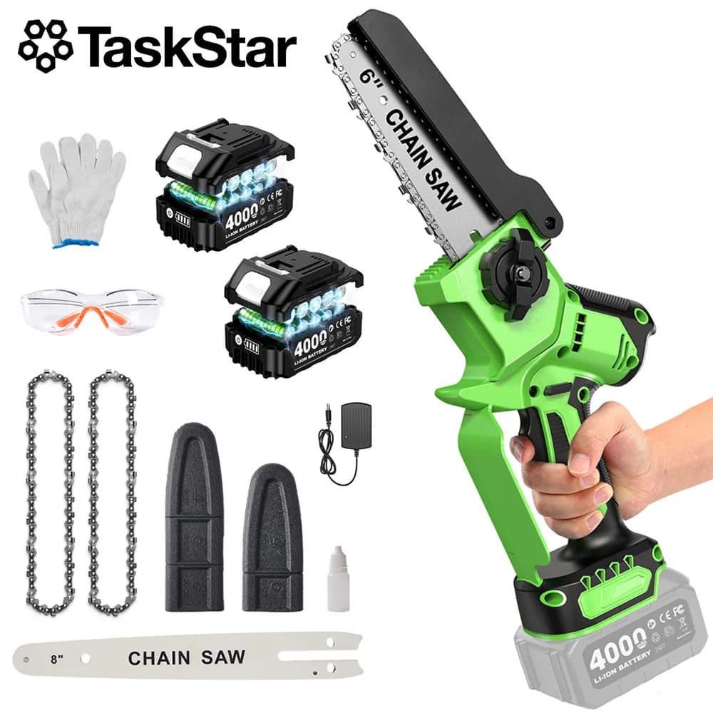 TaskStar Brushless Electric Chainsaw 6&8 Inch Handheld Cordless Pruning Saw with 2 4000mAh Batteries Manual Oil Supply Garden Power Tools For Wood Cutting Tree Trimming