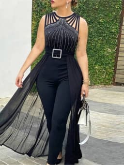 Summer Sleeveless Lace Up Women's Elegant Long Jumpsuit Fashion Hot Drill Waist Mesh Mop Slim Fit Female Party Jumpsuit 2025