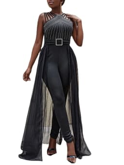 Summer Sleeveless Lace Up Women's Elegant Long Jumpsuit Fashion Hot Drill Waist Mesh Mop Slim Fit Female Party Jumpsuit 2025
