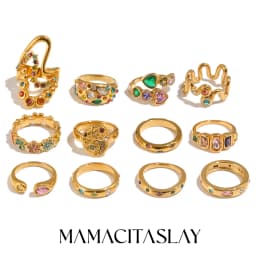 MamacitaSlay 316L Stainless Steel Multicolored CZ Stackable Ring 18K Gold Plated Vintage Waterproof Jewelry For Women Daily Wear