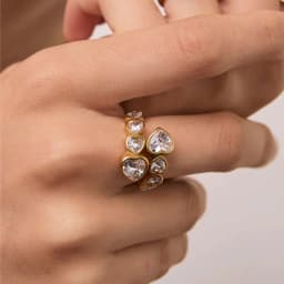 Waterproof Luxury Cubic Zirconia Heart Stainless Steel Open Ring for Women Luxury Gold Color Adjustable Charm Fashion Jewelry