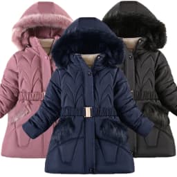 2024 New Winter Keep Warm Girls Jacket Waist Belt Design Detachable Hat Lining Plush Hooded Heavy Coat For Kids