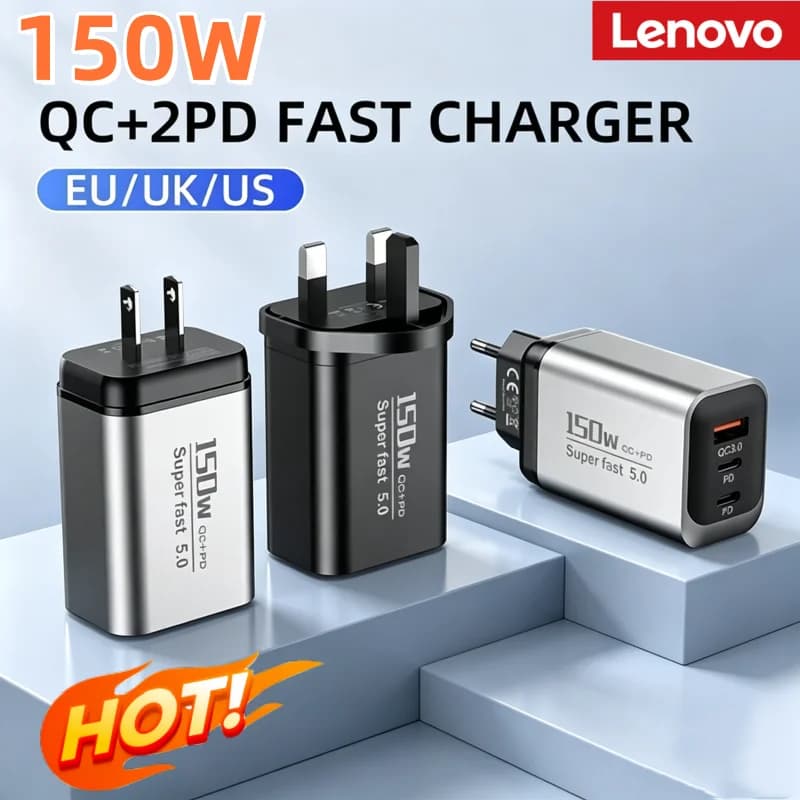 Lenovo 150W 3-Port Fast Charger PD QC3.0 Wall Charger USB-C Adapter For iPhone Samsung Xiaomi Multi Plug EU/US/UK Charger
