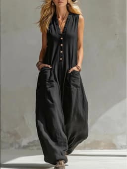 Women Casual Sleeveless V Neck Jumpsuit Button Wide Leg Cotton Linen Long Pants Romper Loose Baggy Summer Streetwear Outfits