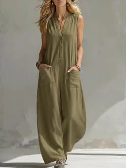 Women Casual Sleeveless V Neck Jumpsuit Button Wide Leg Cotton Linen Long Pants Romper Loose Baggy Summer Streetwear Outfits