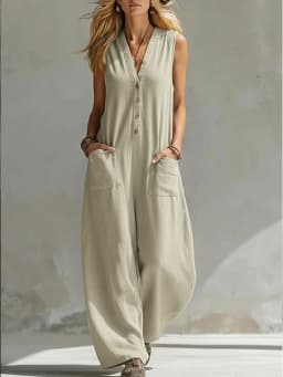Women Casual Sleeveless V Neck Jumpsuit Button Wide Leg Cotton Linen Long Pants Romper Loose Baggy Summer Streetwear Outfits