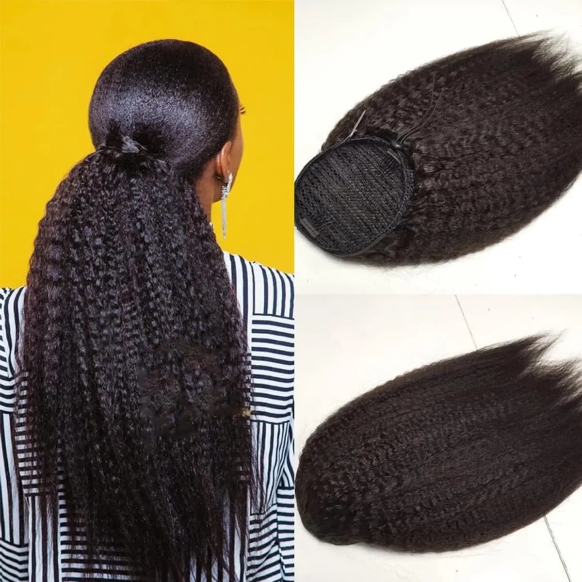 Kinky Straight Wrap Drawstring Kinky Straight Human Hair Ponytail for Balck Women Yaki Straight Remy Human Hair Ponytail #1B