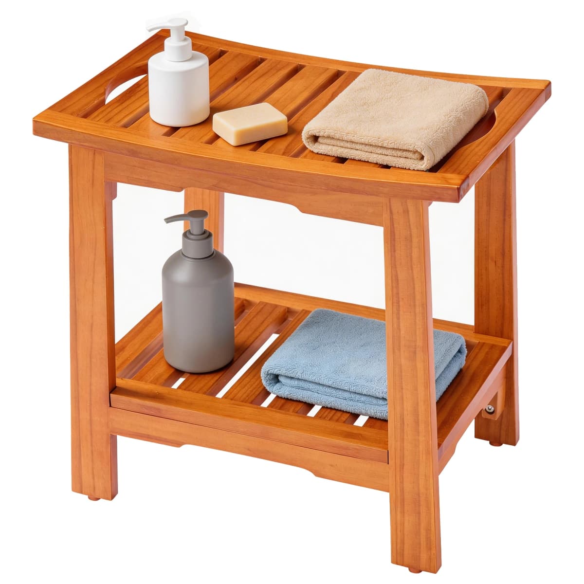 MCQ 14 Inch to 18 Inch Wooden Bathroom Chair with Storage Shelf Waterproof Shower Bench Handles 300 LBS Capacity Showering Seat for Home