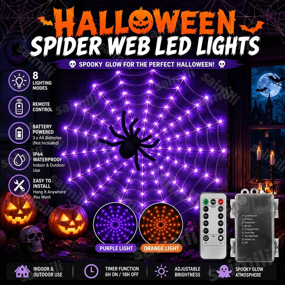 Halloween Spider Web Hanging Ornament LED String Lights 70LED 8 Modes Battery For Ghost Festival Home Party Wall Decoration