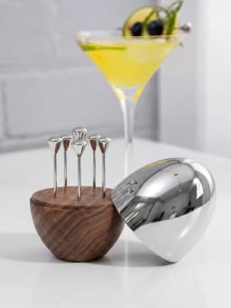 Walnut Toothpick Holder with Stainless Steel Cover, 6Pcs Fruit Picks, Cocktail Picks, Toothpick Box for Home Decor, Party, Bar