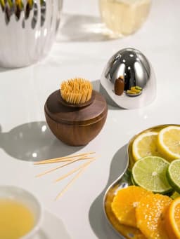 Walnut Toothpick Holder with Stainless Steel Cover, 6Pcs Fruit Picks, Cocktail Picks, Toothpick Box for Home Decor, Party, Bar