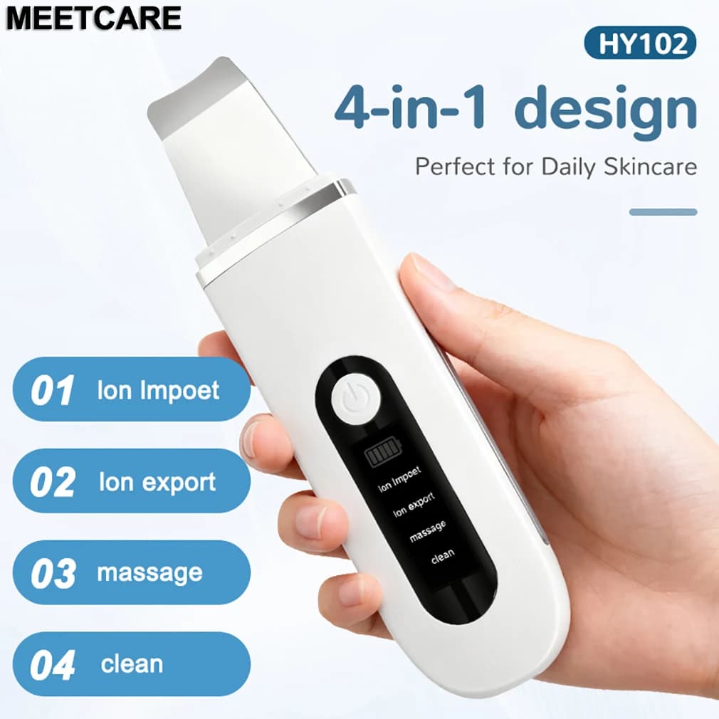 Ultrasonic Skin Scrubber 4 in1 Ion Import Export Face Cleansing Massage Peeling Spatula Blackhead Remover Pore Purifying Facial Shovel Cleanser Lifting Skin Care