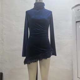 Autumn Turtleneck Patchwork Lace Velvet Dress Woman Casual Solid Slim Bodycon Hips Dress Winter Long Sleeve Irregular Mini Dress