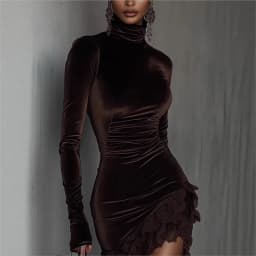 Autumn Turtleneck Patchwork Lace Velvet Dress Woman Casual Solid Slim Bodycon Hips Dress Winter Long Sleeve Irregular Mini Dress