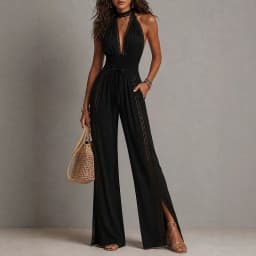 Vintage Solid Halter Backless Jumpsuits Women High Neck Deep V Self Tie Waist Hollow Lace Wide Leg Romper Resort Travel Overalls