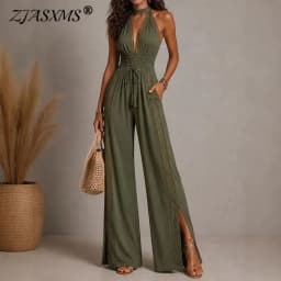 Vintage Solid Halter Backless Jumpsuits Women High Neck Deep V Self Tie Waist Hollow Lace Wide Leg Romper Resort Travel Overalls
