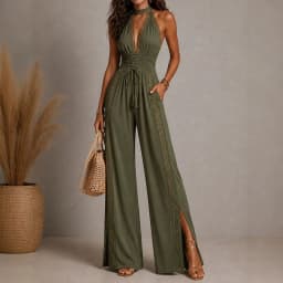 Vintage Solid Halter Backless Jumpsuits Women High Neck Deep V Self Tie Waist Hollow Lace Wide Leg Romper Resort Travel Overalls