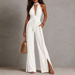 Vintage Solid Halter Backless Jumpsuits Women High Neck Deep V Self Tie Waist Hollow Lace Wide Leg Romper Resort Travel Overalls