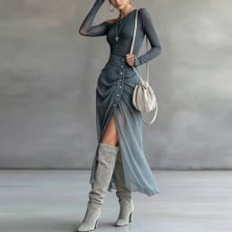 Elegant Slim Mesh Two Piece Suit Women High Neck Button T-Shirt Drawstring Ruched Wrap Long Skirt Set Sexy Clubwear Dress Outfit