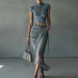 Elegant Slim Mesh Two Piece Suit Women High Neck Button T-Shirt Drawstring Ruched Wrap Long Skirt Set Sexy Clubwear Dress Outfit