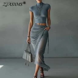 Elegant Slim Mesh Two Piece Suit Women High Neck Button T-Shirt Drawstring Ruched Wrap Long Skirt Set Sexy Clubwear Dress Outfit