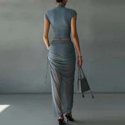 Elegant Slim Mesh Two Piece Suit Women High Neck Button T-Shirt Drawstring Ruched Wrap Long Skirt Set Sexy Clubwear Dress Outfit