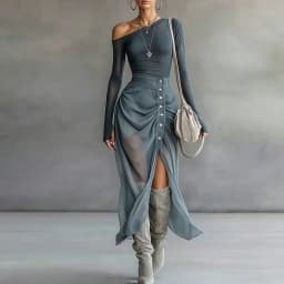 Elegant Slim Mesh Two Piece Suit Women High Neck Button T-Shirt Drawstring Ruched Wrap Long Skirt Set Sexy Clubwear Dress Outfit
