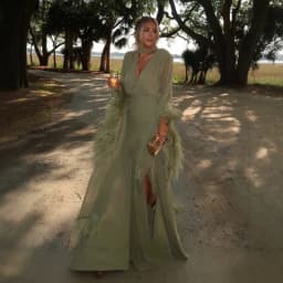 Elegant Fashion V‑Neck Long Sleeve Spliced Feather Chiffon Slit Maxi Dress 2026 Fall New Solid Color Evening Gown