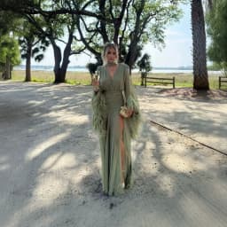 Elegant Fashion V‑Neck Long Sleeve Spliced Feather Chiffon Slit Maxi Dress 2026 Fall New Solid Color Evening Gown