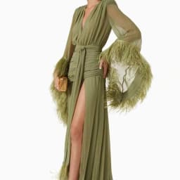 Elegant Fashion V‑Neck Long Sleeve Spliced Feather Chiffon Slit Maxi Dress 2026 Fall New Solid Color Evening Gown