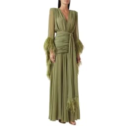 Elegant Fashion V‑Neck Long Sleeve Spliced Feather Chiffon Slit Maxi Dress 2026 Fall New Solid Color Evening Gown