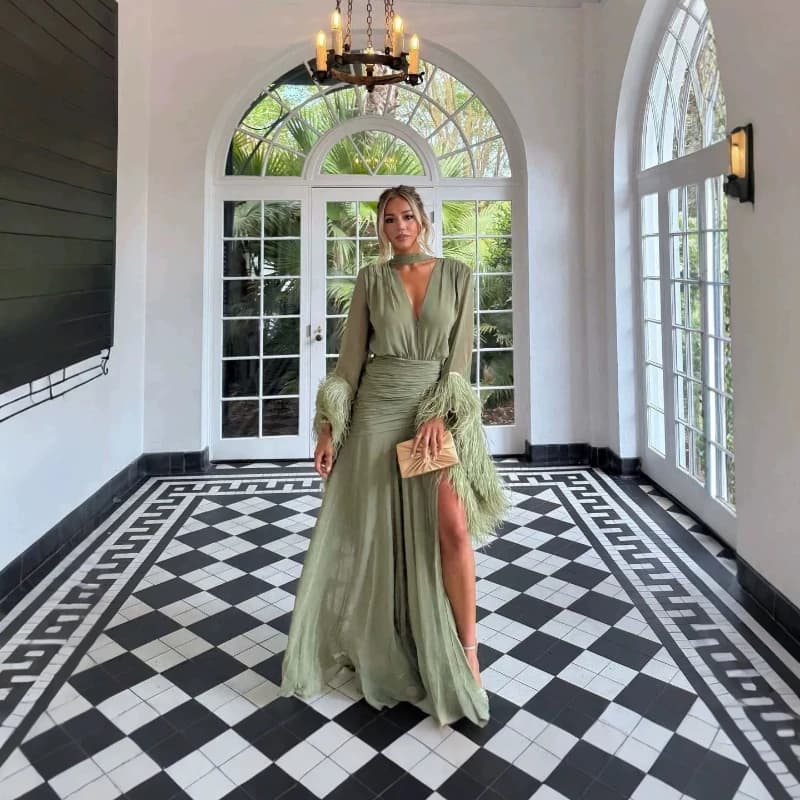 Elegant Fashion V‑Neck Long Sleeve Spliced Feather Chiffon Slit Maxi Dress 2026 Fall New Solid Color Evening Gown