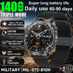 2026New 1400mAh Military Smart Watch Men 10ATM Swim 1.7“ Large Screen GPS Motion Track Bluetooth Call Heart Rate For Android IOS