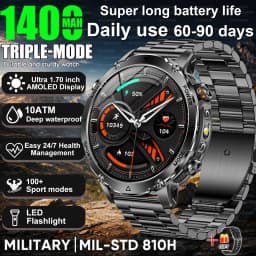 New Military 1400mAh Battery Smart Watch 10ATM Waterproof LED Flashlight Heart Rate 100+Sports mode SOS Alarm Bracelet Men Women