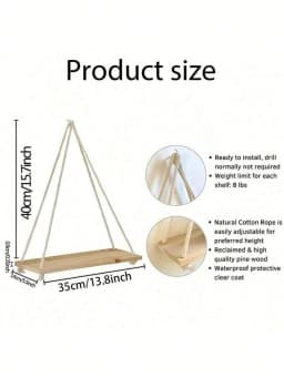 Wooden Swing Hanging Hemp Rope Wall Shelve Mounted Floating Home Living Room Plant Flower Pot Tray Storage Garden Decoration