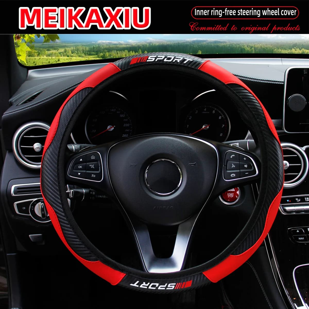 Carbon Fiber Red SPORRT Sports Style Stretchable Car Inner Tube-Free Steering Wheel Cover for Car Interior Accessories for Women