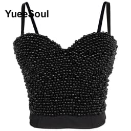 Black Crop Tops 2025 New Y2K Gothic Wedding Party Club High Street Casual Sexy Tank Top Pearl Sequins Corset Top Women Clothing