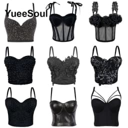 Black Crop Tops 2025 New Y2K Gothic Wedding Party Club High Street Casual Sexy Tank Top Pearl Sequins Corset Top Women Clothing