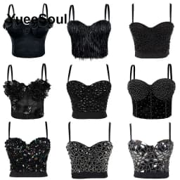 Black Crop Tops 2025 New Y2K Gothic Wedding Party Club High Street Casual Sexy Tank Top Pearl Sequins Corset Top Women Clothing