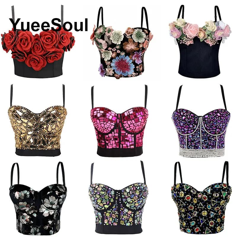 Black Crop Tops 2025 New Y2K Gothic Wedding Party Club High Street Casual Sexy Tank Top Pearl Sequins Corset Top Women Clothing