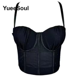 Black Crop Tops 2025 New Y2K Gothic Wedding Party Club High Street Casual Sexy Tank Top Pearl Sequins Corset Top Women Clothing
