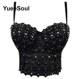 Black Crop Tops 2025 New Y2K Gothic Wedding Party Club High Street Casual Sexy Tank Top Pearl Sequins Corset Top Women Clothing
