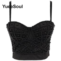 Black Crop Tops 2025 New Y2K Gothic Wedding Party Club High Street Casual Sexy Tank Top Pearl Sequins Corset Top Women Clothing