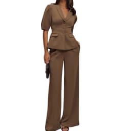 Casual Blazer Pants Suits Women Slim Half Sleeves V Neck Single Breasted Set Female 2025 Spring New Wide Legs Sets 2 Pieces
