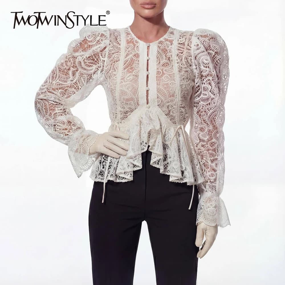 TWOTWINSTYLE Fashion Hollow Out Irregular Blouses for Women Round Neck Long Sleeves Patchwork Ruffles Blouse Female Spring New