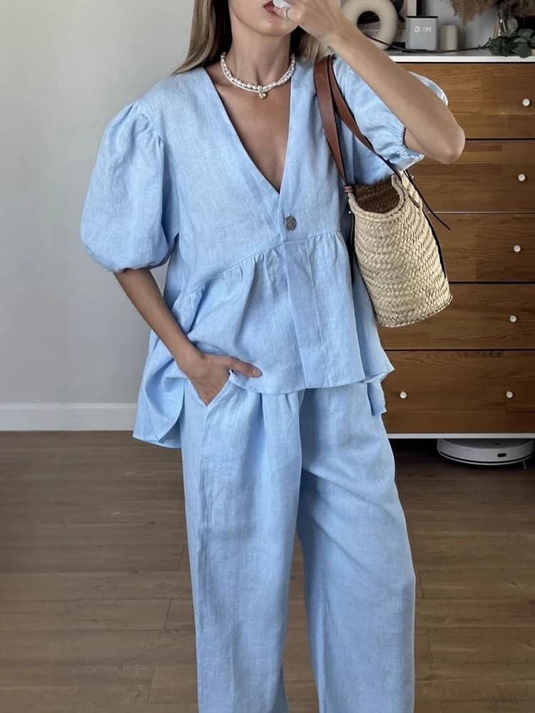 Mumaroho 2025 Women Spring Summer Holiday Pant Set Suits Cotton Solid Outfits V-neck 2 Two Piece Matching Set For Women